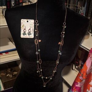 Elegant Green Dangle Earrings and matching necklace green and copper in color